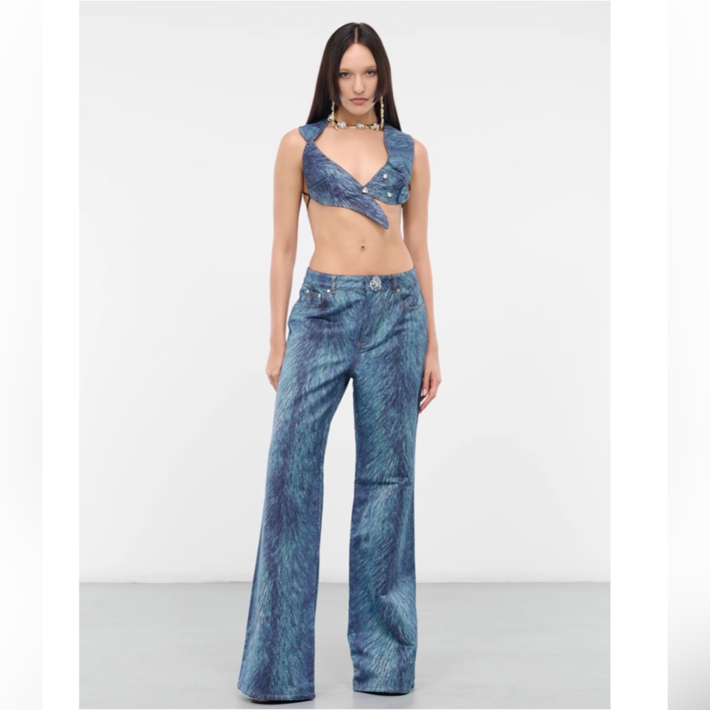Area Crystal Button Fur Printed Jeans Sz. 30 Nwt